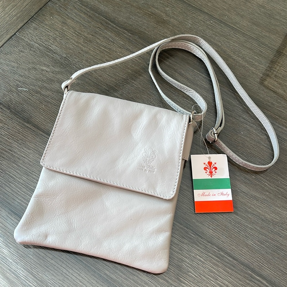 Vera Pelle Light Grey Leather Crossbody Bag NWT